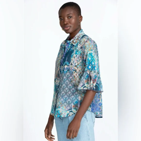 Johnny Was Workshop Klodi Ruffle Sleeve Blouse Sz 3X Blue Boho Print Cotton Top - Picture 3 of 10